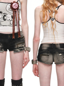 1JINN STUDIO | Faded Zipper Ripped Skinny Butt Lift Black Denim Shorts