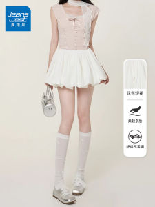 กระโปรงสั้นทรงเอเอวสูงลายดอกไม้สีขาว เอวสูง ป้องกันแสง กระโปรงสั้นทรงเอสำหรับผู้หญิงในช่วงฤดูร้อน ทรงนางฟ้า กระโปรงสั้นทรงเอทรงหลวม