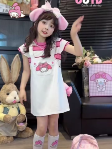 2025 Kuromi Jumpsuit Dress For Kids Girl 3-15YRS Summer Cotton Korean Version Fashion Cute Cartoon Dress