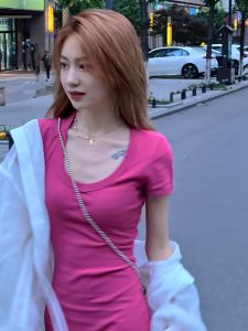 ใหม่ เซ็กซี่ สลิมฟิต กระโปรงสั้น ผู้หญิง ฤดูร้อน คอยู เอว -cinching พรางหุ่น สาวฮอตเก๋ เดรส สูง เอว ผ้าฝ้าย เบลนด์