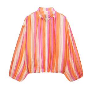 Womens Jacket 2026 Summer New Colorful Stripe Pilot-Style Chic Fashion Patchwork Long-Sleeve Stand Collar Womens Jacket