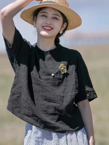 เสื้อยืดคอตั้งทรงหลวมแขนสั้นผ้าลินินฤดูร้อนสำหรับผู้หญิง เสื้อเชิ้ตคอกลมสไตล์ย้อนยุค เสื้อยืดลำลองสำหรับทำงาน