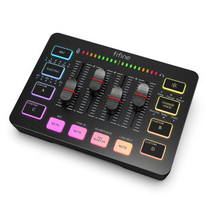 FIFINE Gaming Audio MixerStreaming 4-Channel RGB Mixer with XLR Microphone Interfacefor Game VoicePodcastAmpliGame SC3