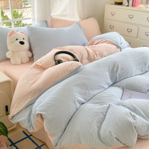 Dansunreve 4in1 Fitted Bedsheet Set Washed Cotton Muji Plain Series Bed sheet Set 680TC Two Tone Duvet Cover Set Single/Super Single/Queen/King