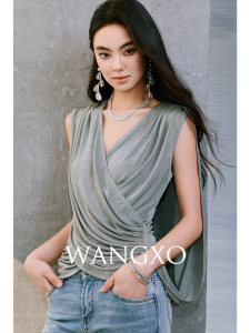 WANGXO | Áo Vest Knit Dáng Ôm Phong Cách Hy Lạp Có Nếp Nhăn Cổ V Kéo Chéo Không T Tay
