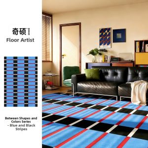 QISHUO | Retro Style Blue Check Pattern Carpet Washable Rug