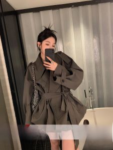 Vivian Ou Yang Belted Jacket Coat Womens Spring New Small Size Retro Casual Mid-Length High-End Feeling Coat Double-Breasted