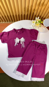 Setelan Anak Perempuan Cute Ribbon – Lengan Pendek Celana Kulot Aksen Renda Bahan Waffle Knit