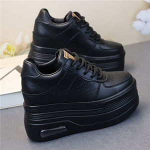 Ultrahigh Heel Casual Sports Platform Shoes Heightening Slimming 12cm Built-In Heightening All-Black Student Leather Surface Large Size Womens Shoes