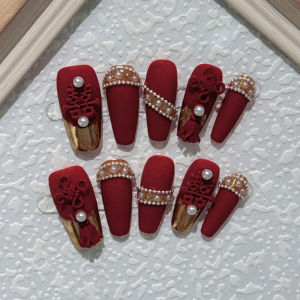 Handmade Wedding Nail Tips Pure Red for Brides to Wear Show He Wedding Dress Drinking Costume New Bride Calligraphy Nail Art
