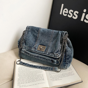 กระเป๋าถือผ้าเดนิมขนาดใหญ่สำหรับผู้หญิง กระเป๋าสะพายข้างแบบสะพายข้าง กระเป๋าถือสำหรับเดินทางแบบลำลอง กระเป๋าสะพายไหล่โซ่แบบหนังสือ ผ้าไนลอน กระเป๋าถือแฟชั่น