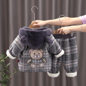 Thickened Cotton Padded Winter Clothes Set for Boys 1.5-4 Years Old round Neck Single Button Closure Cartoon Print Casual Style
