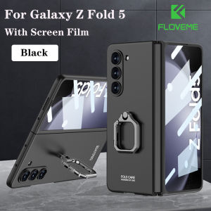 FLOVEME Ultra Thin With Tempered Screen Film Protector Phone Case For Samsung Galaxy Z Fold 5 5G Skin Friendly Matte Folding Metal Ring Bracket Hard PC Shockproof Back Cover For Galaxy Z Fold 5