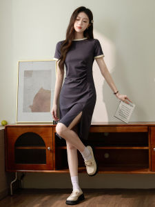 Elegant Pure Cotton Slit Waist Cinched Pleated Midi Dress Womens 2025 Summer New Design Sensation Color Block Middle Length Skirt