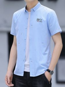 ROMON | Romon Mens Short Sleeve Shirt Summer Thin Tailored Ice Silk Casual Fashionable Button Up Printed Shirt Outerwear For Youth