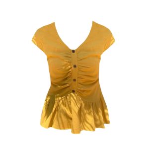YUEZHONGWEI | French V-neck Yellow Pleated Short Sleeve Slim Fit Shirt Women Summer 2025 New Style Miniature Fleece Upper Body Shirt