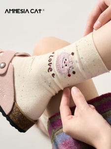 Cute Womens Cotton Socks 2024 New Style Mid-Calf Spring Autumn Pure Cotton Long Tube Autumn Winter Cartoon Flocking Socks