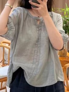 Áo Sơ Mi Vải Lanh Mỏng Thêu Cổ Chữ V Tay Lỡ Mùa Hè Cho Nữ Áo Thun Vải Lanh Cotton Phong Cách Retro Thường Ngày