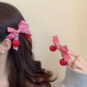 Bestella💗Jepitan Rambut Ceri Merah Lucu Pita Jala Aksesoris Rambut Hiasan Kepala Gadis Cantik COD