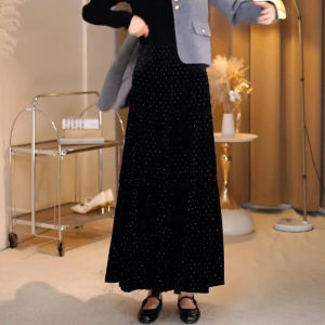 Slimming Velvet Skirt Womens Autumn Winter New Style Half-length Drapey High-waisted Sequin Long Skirt City Commute Party