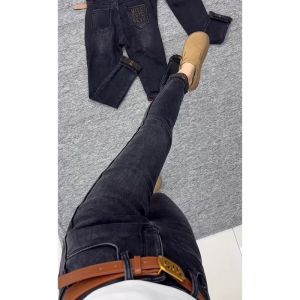 กางเกงยีนส์ทรงสลิมฟิตเอวสูง ทรงเดโม่ กางเกงขายาวทรงปากกา กางเกงขายาวลำลองสำหรับผู้หญิง สีเทาดำ ฤดูใบไม้ผลิและฤดูใบไม้ร่วง