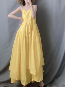 Lemon Yellow Ultra-Long Skirt Dress Bohemian Summer Style Elegant Drifting Long Gown Retro Style Sleeveless All Seasons