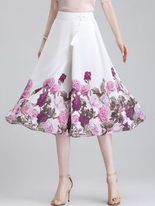 Cropped Pants Womens Summer Thin High Waist Culottes Retro Small Pants Slim Looking Loose Print Chiffon Loose Pants