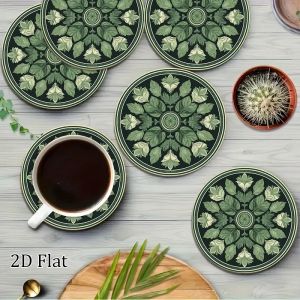 2D Elegant Green Leaf-shaped Mandolin Flower Wooden Coaster Set For Dining Table And Coffee Table Decorative Art Coaster