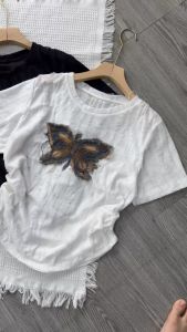 Áo thun kiểu Bigsize Nữ 50-95kg vải xược gân co giãn đính họa tiết xinh cổ tròn tay ngắn nhún eo - A249