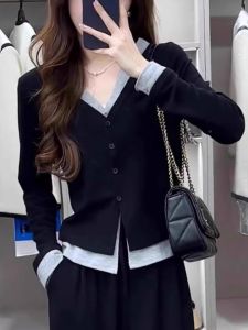 Black Knitted Long Sleeve V-Neck T-Shirt Womens Base Layer Top Slimming Cardigan Style Autumn New plus Size Fashion