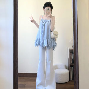 Áo ba lỗ không tay rộng rãi màu xanh Thái Lan độc đáo dành cho nữ mùa hè 2025 Thiết kế áo khoác ngoài không đều Áo chui đầu cổ chữ V