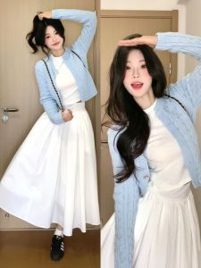 Early Autumn Complete Set Long Dress Korean Style White Dress Womens New 2025 Trendy Clothing A-Line Skirt Mid-Length