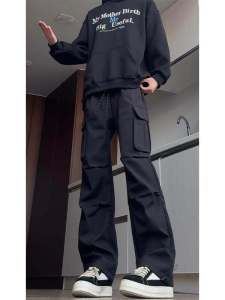 กางเกงขายาวทรงหลวมสไตล์อเมริกันสำหรับผู้ชาย กางเกงขายาวทรงตรงมีกระเป๋าหนา มีซิป ผ้าขนแกะ ฤดูใบไม้ร่วง/ฤดูหนาว กางเกงขายาวป้องกันน้ำสำหรับเดินป่า