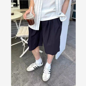 Summer Vintage Khaki Short Pants Loose Fit Five-Quarter Length Boys Solid Color Cityboy Casual Sporty Style Polyester Fiber