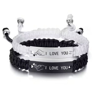 2 PCS I Love You Finger Heart Stainless Steel Couple Bracelet Black White Woven Bracelets For Lovers Valentine Gifts