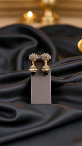 [SG] Black Bead Floral Jhumka Earrings | Antique Gold-Tone Flower Jhumka | Black Bead Drop | Indian Festive Ethnic Earrings | ear me out (EMO-333)