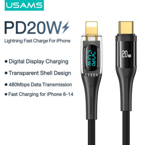 USAMS 20W USB Type C to Lightning Cable Digital Display Fast Charging USB C to iPhone Charging Data Cable for iPhone 15 pro max iPhone XR XS 11 12 13 14 Charging Cable