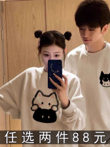 Couple Hoodies Autumn Winter Fleece Lined Cotton Blend Long Sleeve round Neck Sweatshirts Korean Style Printed Casual Wear
