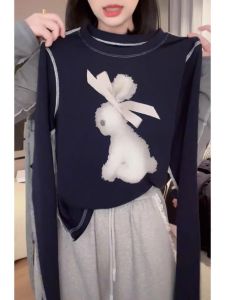 French Design Cartoon Butterflies and Rabbits Print Long Sleeve T-Shirt