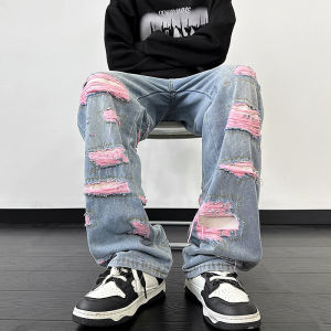 American Retro Pink Hole Denim Mens National Trendy Street Trend Hip Hop Casual Handsome Baggy Straight Trousers