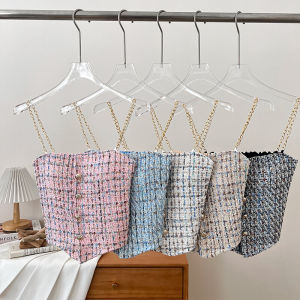 Elegant Short Tweed Chain Strap Slim Fit Casual Womens Vest Inner Wear Top Asymmetrical Style Summer Fashion 2024