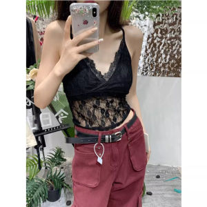 เสื้อกั๊กผ้าตาข่ายคอวีลูกไม้สำหรับผู้หญิง เสื้อชั้นในแบบท่อเดียว เสื้อผ้าทำงานสไตล์เกาหลี แขนกุด ทรงเข้ารูป ผ้าฝ้ายผสม