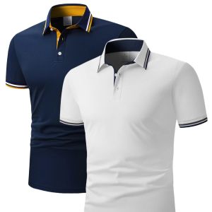 2pcs Mens Short-Sleeve Shirts with Contrast Collars - Lightweight Polyester Pastel Blue & Pink Turn- Collar Button Closure
