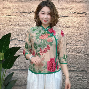 New Chinese Style Summer Fashion Top Mommy Small Shirt Ethnic Trendy Sleeve Lengthened Qipao Style Loose Fit Regular Sleeve