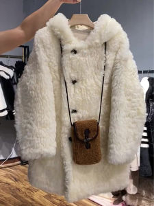 QFN | Womens Winter Coat Shearling Wool Blend Mid-Length Hooded