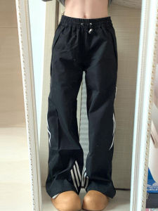 กางเกงขายาวทรงหลวมสไตล์อเมริกันสำหรับผู้หญิง กางเกงขายาวทรงตรง 3 แถบ กางเกงขายาวทรงหลวมสบาย ๆ ยาวถึงพื้น ทรงหลวม ทรงหลวม