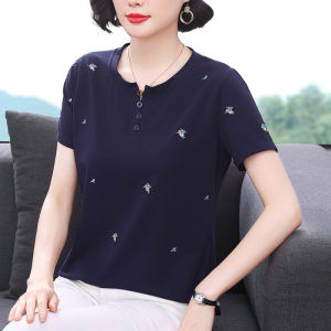 Áo Thun Cotton Tay Ngắn Thời Trang Cho Phụ Nữ Trung Niên Và Cao Tuổi Mùa Hè 2024 Áo Thun Cổ Tròn Dáng Rộng Thoải Mái