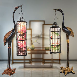 Chinese Style Bamboo Art Floor Lamp for Tea Room Study Bird Cage Classical Turtle Crane Design Living Room Decorative Lamp