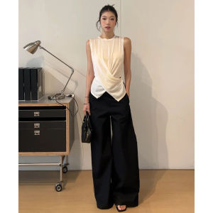 YUEZHONGWEI | French Style Round Neck Cross White Vest Women Summer Outdoor Wear Design Slim Fit Sleeveless T-Shirt Top Waist In