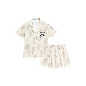 MiiOW | Cat Lady Summer Ice Silk Sleepwear Short Sleeve Open Cardigan Shorts Home Clothes Set Cute Cartoon Print Lightweight Polyester Blend